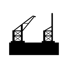 Silhouette of black dockyard cranes against a white backdrop showing loading docks