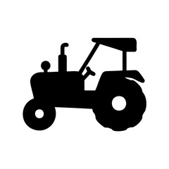 Black silhouette of a vintage agricultural tractor on a white background