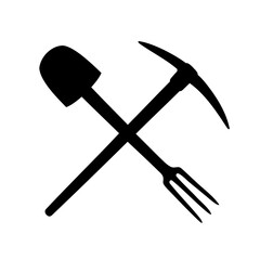 Crossed shovel, pickaxe, and pitchfork silhouette representing tools for hard labor
