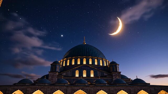 This majestic architectural marvel stands illuminated against a breathtaking night sky, where countless stars twinkle and a radiant crescent moon glows. The grand domes and intricate detailing of the 