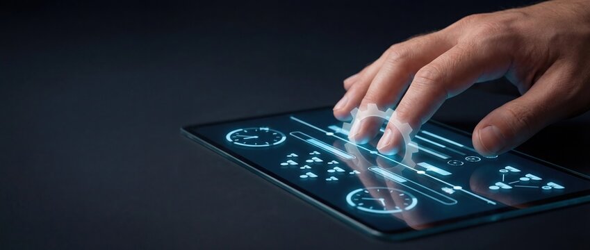 Man using tablet with futuristic interface - data and analytics - Powered by Adobe