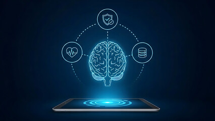 Futuristic artificial intelligence concept with a digital human head and neural network connections on a dark background