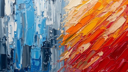 Closeup of abstract rough colorful blues melt into fiery reds, evoking colors art painting texture background wallpaper, with oil or acrylic brushstroke waves