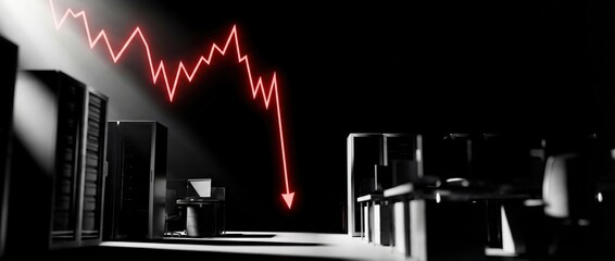 Red Downtrend Arrow in Server Room: Depicting Data Loss or Financial Crisis