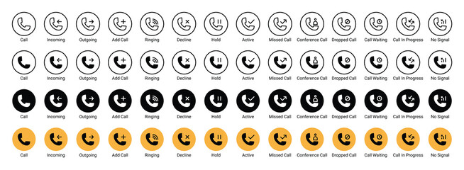 Phone Call Interface Icon Set for Mobile App and UI Design | Universal Telephony Symbols for Communication and Contact Centers | Minimalist Call Status Icons Bundle in Solid and Outline Styles