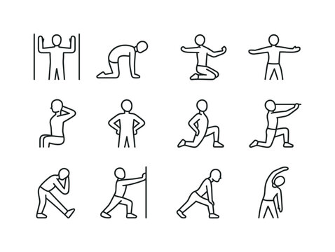 Posture Exercise Icons. Posture exercises. Line icon set of posture exercises: wall angels, cat-cow stretch, chest stretch, thoracic extension, scapular