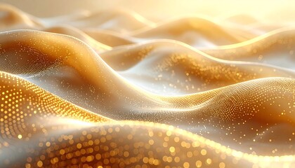 An abstract, shimmering landscape with flowing, rounded forms. The image is bathed in a warm, golden light with highlights