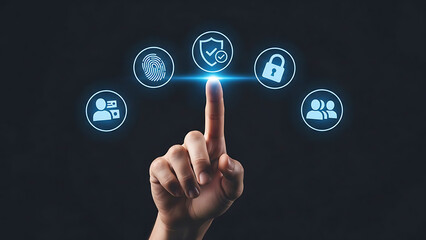 Cybersecurity concept with a hand touching glowing digital icons representing data protection and network security