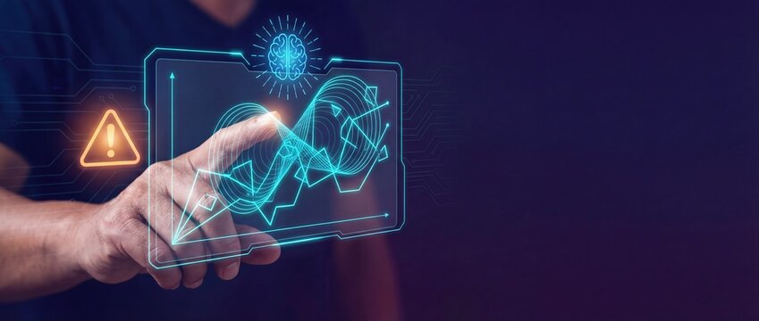 Man Touching Futuristic Graph on Transparent Screen - Risk Management - Powered by Adobe