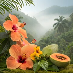 Hibiscus flowers and papayas in tropical rain, vivid clarity, beautiful background