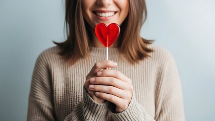 Smiling woman holding heart shaped lollipop sweet treat