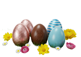 Four gourmet chocolate Easter eggs (pink foil, purple patterned, blue striped, light blue glazed) nestled in vibrant green grass with daisies and spring flowers, transparent background, festive