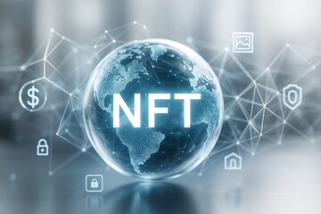 Glowing NFT text inside transparent globe with digital network icons and connections on bright technology background concept of blockchain assets.