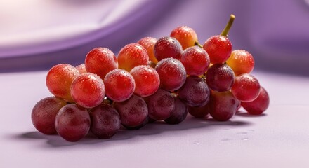 Lush red grapes with glistening water droplets on the skin, forming a vibrant cluster against a soft lavender background, symbolizing healthy eating and freshness