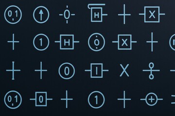 Quantum computing symbols in glowing light blue on dark background forming creative futuristic pattern in digital abstract concept design.. Ai generative