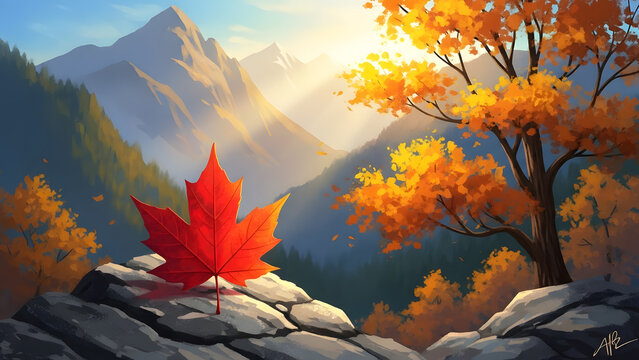 Vibrant red maple leaf on rocky outcropping with mountain landscape and autumn trees in background - Powered by Adobe