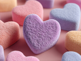 Obraz premium Pastel fluffy hearts scattered on soft pink surface for Valentine's Day