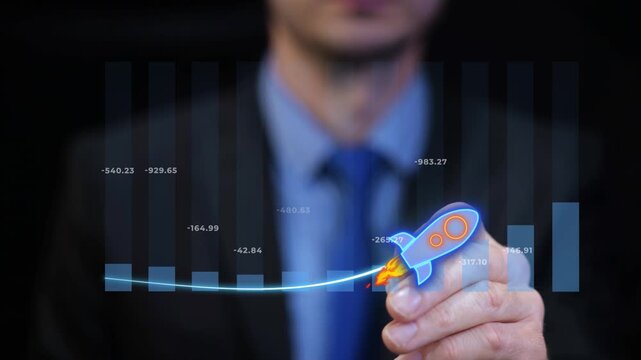 A man in office drawing rising graph with rocket animation. New Tech company business startup launch concept