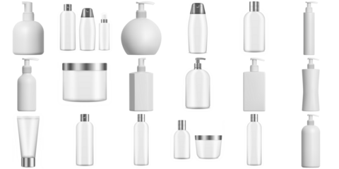high-quality photograph showcasing a diverse collection of white cosmetic and hygiene product bottles and containers with silver accents, isolated on a transparent background.