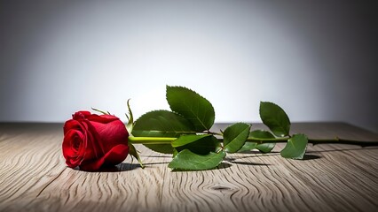 Lonely red rose on rustic wooden table with green leaves