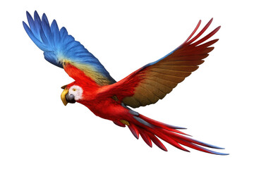 Fototapeta premium Scarlet macaw tropical parrot soaring with colorful wings spread in flight, presenting a concept of freedom