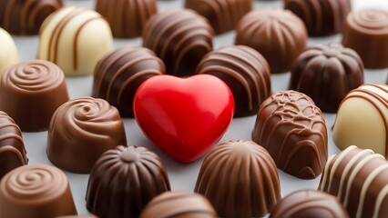 Assorted gourmet chocolates with heart shaped candy in center