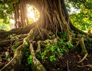 Obraz premium Massive tree with exposed roots covered in moss, bright sunlight through canopy