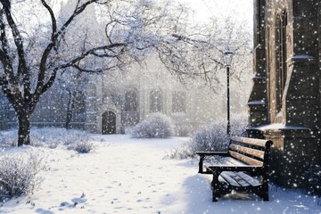 Snowfall covers a serene park with benches and trees in a quiet winter setting