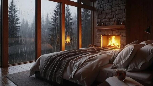 Cozy luxury bedroom interior featuring a roaring fireplace, large panoramic windows overlooking a rainy pine forest, and a comfortable bed for ultimate relaxation and warmth.
