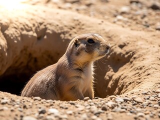 Alert prairie dog emerging from burrow in rocky terrain