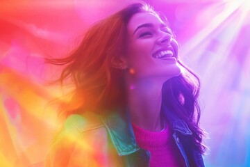 Obraz premium Woman with joyful expression enjoying vibrant colors in a lively outdoor setting