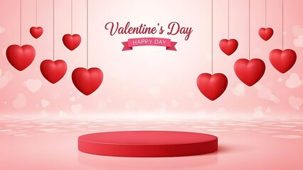 Valentine's Day celebration with hanging hearts and pink background