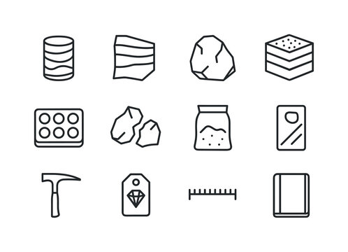 Geological Icon Set. Geological Samples. Line icon set of Geological Samples: mineral core, rock strata, stone specimen, sediment layers, sample tray, broken