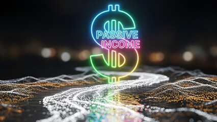 Neon sign in the shape of a dollar sign with 'Passive Income' written inside, illuminated against a blurred background