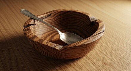 Rustic wooden bowl crafted from natural wood with an antique silver spoon resting inside on a warm timber surface