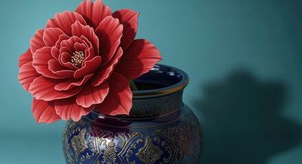 Single vibrant red flower with layered petals elegantly arranged in a dark blue ornate vase featuring golden scrollwork on a smooth teal background