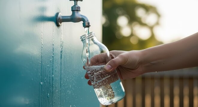 Hand filling a glass bottle with fresh water from an outdoor tap, showcasing sustainable hydration