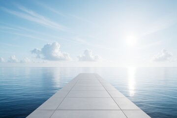 Minimalist pier extending into calm ocean under bright sunrise with soft clouds on horizon, peaceful light blue atmosphere, abstract travel concept.