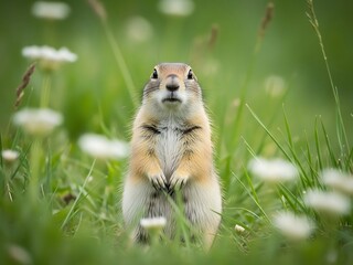 Adorable squirrel standing in green grass with white flowers