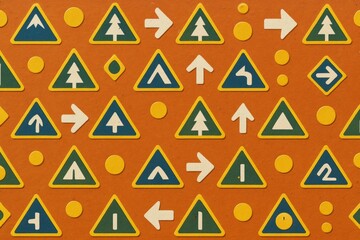 Abstract pattern of colorful directional and nature-themed icons on vibrant orange background with light graphic style and geometric layout. Ai generative