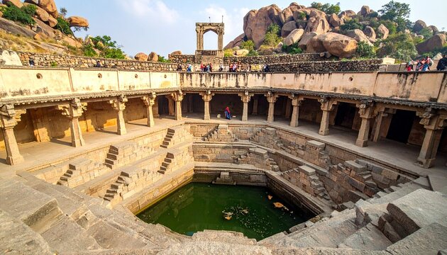Ancient Stepwell in Hampi, India - A Historical Architectural Marvel with Intricate Designs.