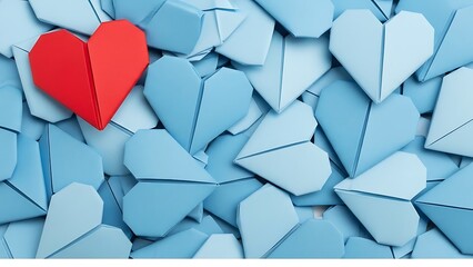 Unique red heart standing out among blue hearts
