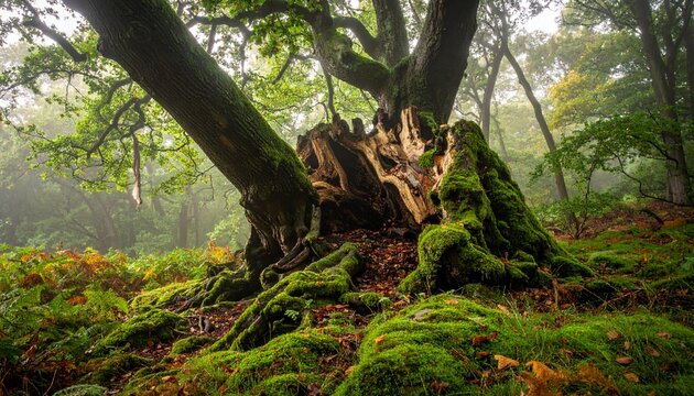 Ancient tree in a lush forest with vibrant green moss and foliage.