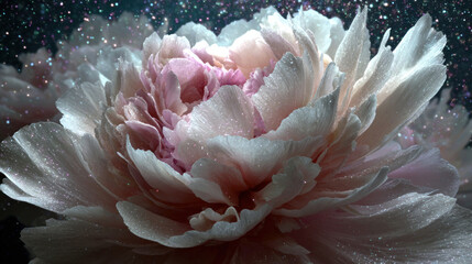 Dreamy White Peony Flower with Soft Sparkling Light on Dark Background