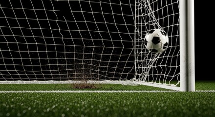 Soccer ball forcefully impacts the back of a white goal net, kicking up a cloud of turf and dirt against a dark background, symbolizing a decisive goal.