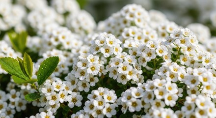 Small white flowers with yellow centers blooming abundantly on a green bush in a vibrant spring garden, showcasing natural beauty and growth.