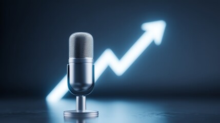 Minimalist microphone on a sleek surface with an upward trend graph in the background, symbolizing growth and success in the business podcasting industry