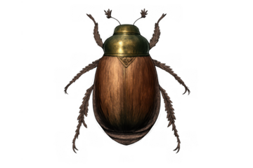 Scarab beetle with ancient egyptian style metallic head and textured body, symbolizing protection, rebirth, and good luck concept