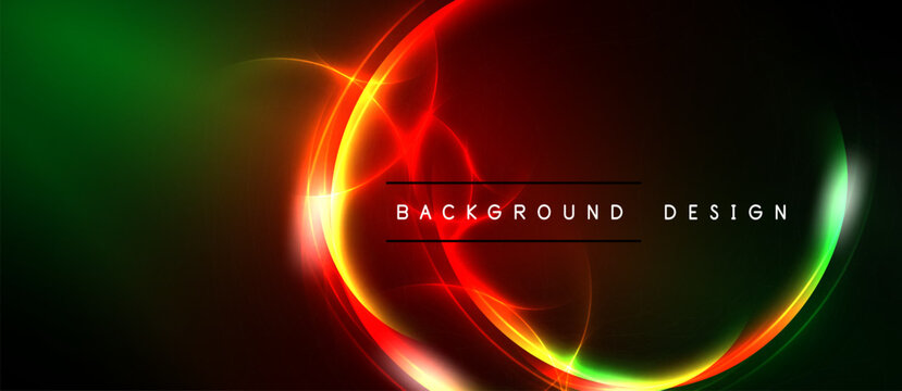 Vibrant neon circles, red dominating, green accent. Dark background creates dramatic visual effect. Text reads background design.