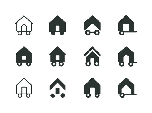Nomadic Travel Icons. Nomadic travel and tiny house tourism. Icon set. Set Logo of Nomadic travel and tiny house tourism: tiny house on wheels. harmonious logo